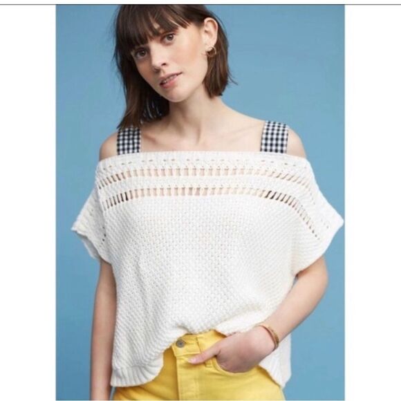 Anthropologie Maeve Gingham Ribbon Sleeve Sweater Small - Picture 2 of 10